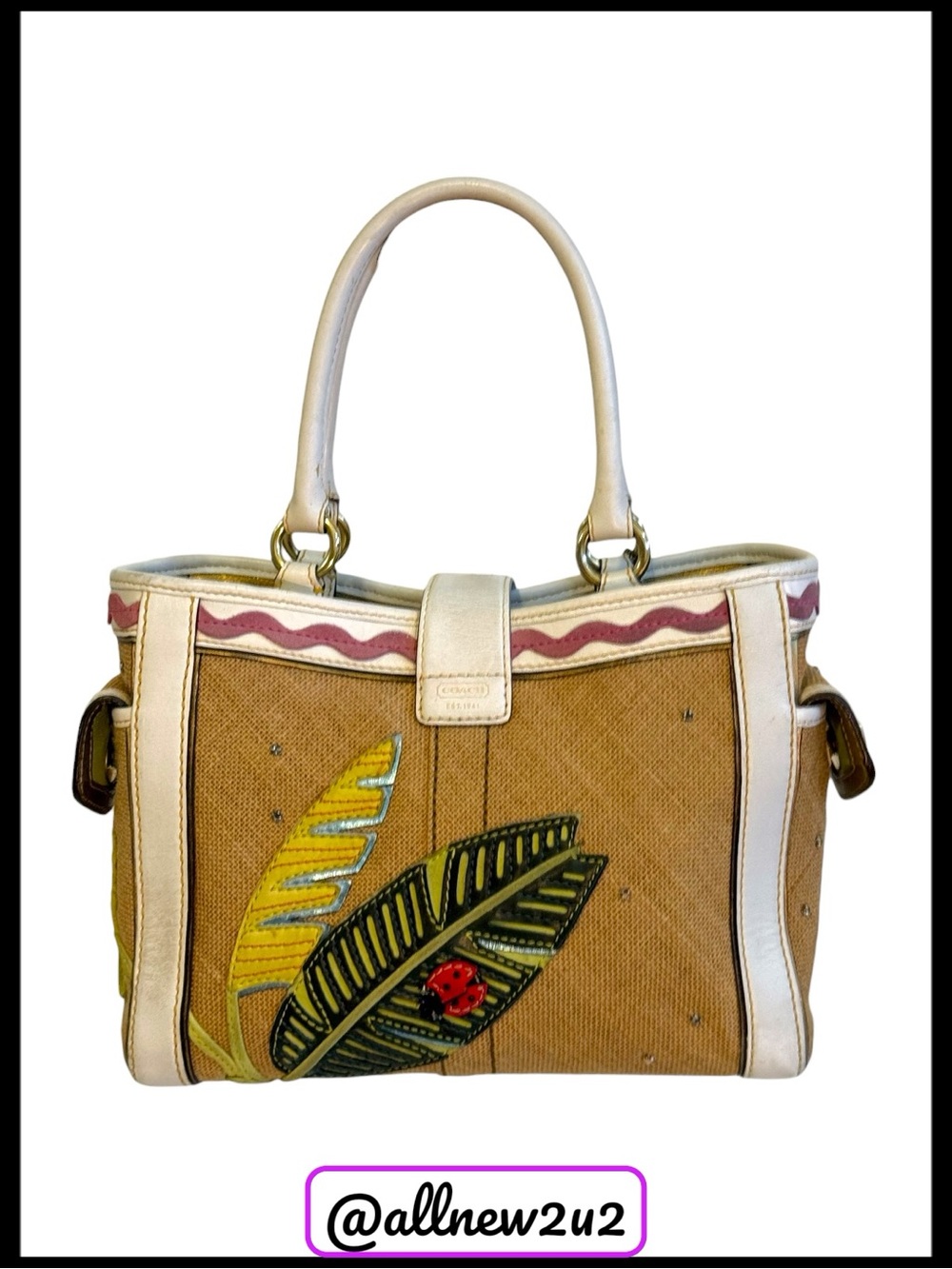 Coach Limited Edition Leafy Lady Bug Boxy Straw / Burlap & Leather Bag Host Pick - Picture 2 of 13
